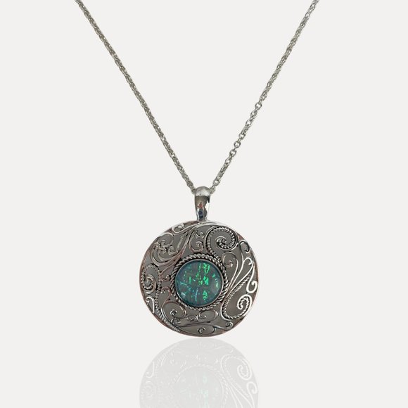 Necklace and Ear, Silver Antique Tone, Blue/Green Pendant, 18"-20" - Picture 3 of 10